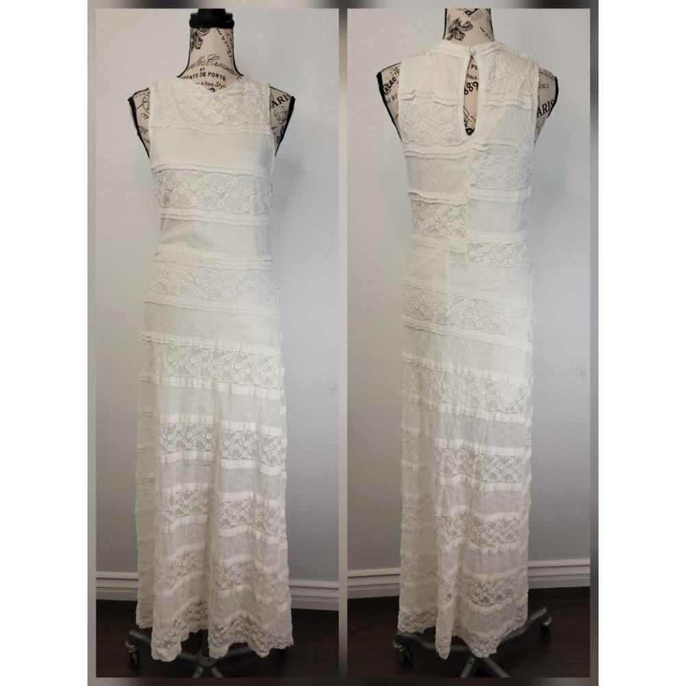 Manito USA Slip Maxi Dress Sz XS/S Ivory Lace Mesh Semi Sheer Whimsycal